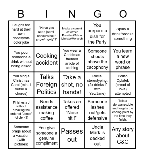 Bernick Family Bingo Card