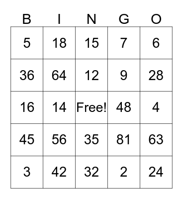 Multiplication and Division Bingo Card