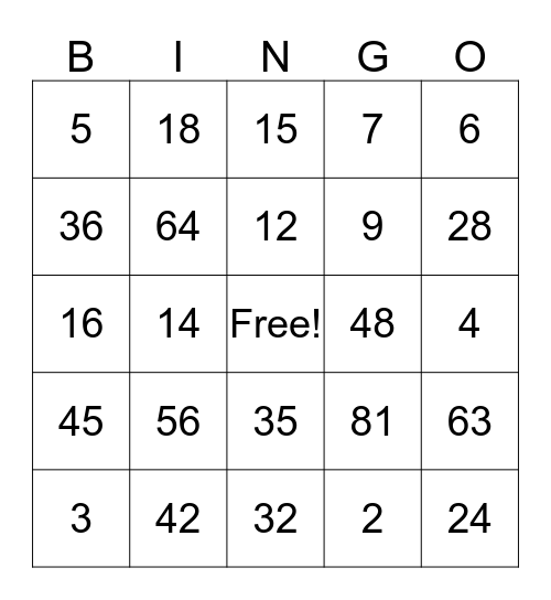 Multiplication and Division Bingo Card
