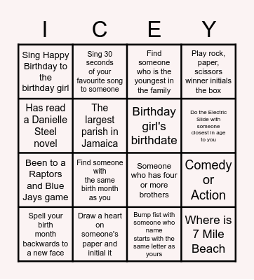 Icey's 60th Birthday Bingo Card