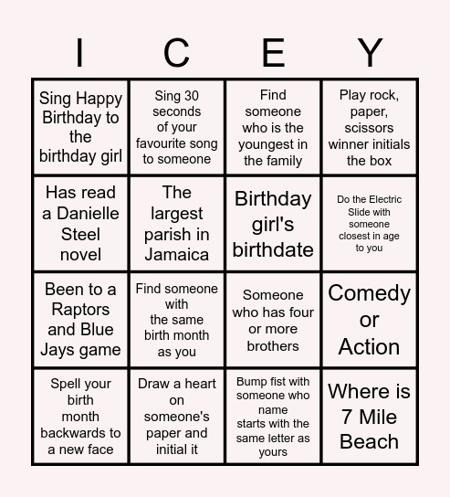 Icey's 60th Birthday Bingo Card