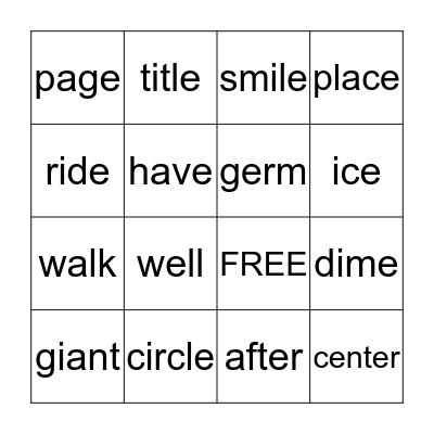 Spelling Bingo Card