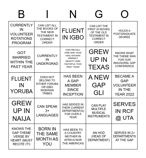Gap Interactive Bingo! Bingo Card