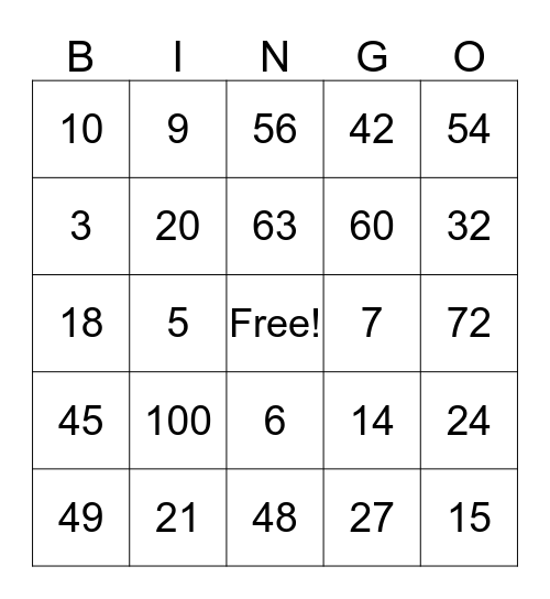 Multiplication and Division Bingo Card