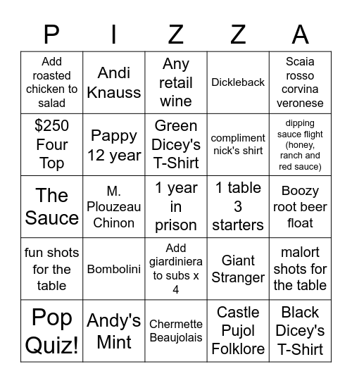 Pizza Pals Bingo Card