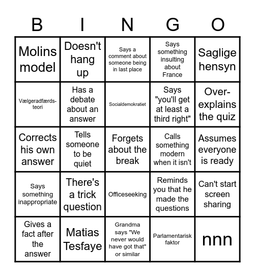 Quiz Bingo Card