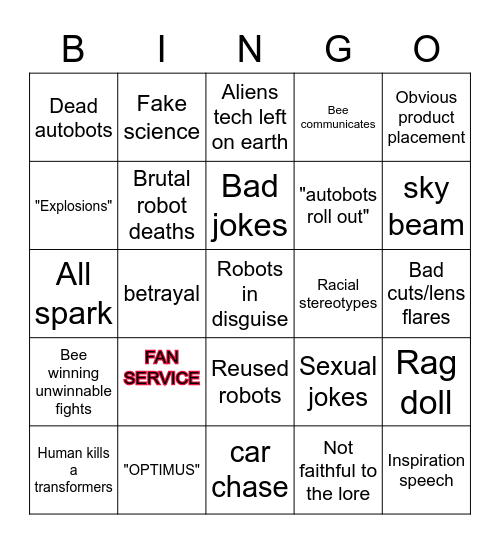 Transforrmers Bingo Card