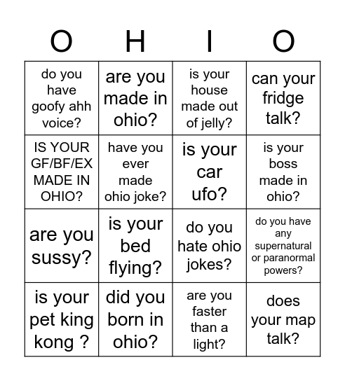 are you made in ohio Bingo Card