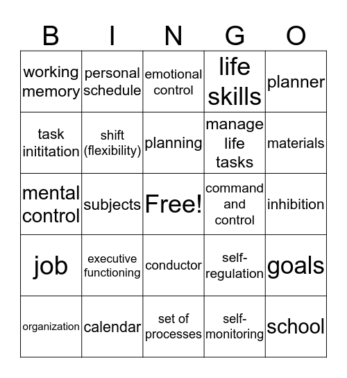 Executive Functioning Bingo Card