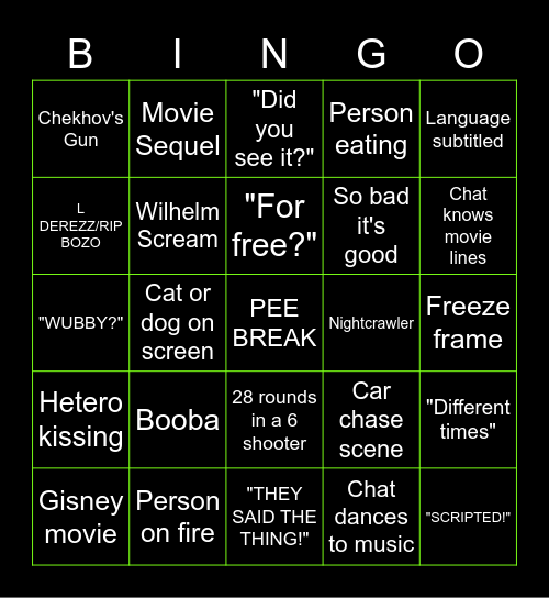 Wub Cub Theater Family Movie Night Bingo Card