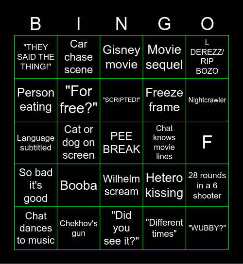 Wub Cub Theater Family Movie Night Bingo Card