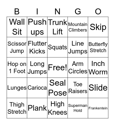 Fitness Bingo Card