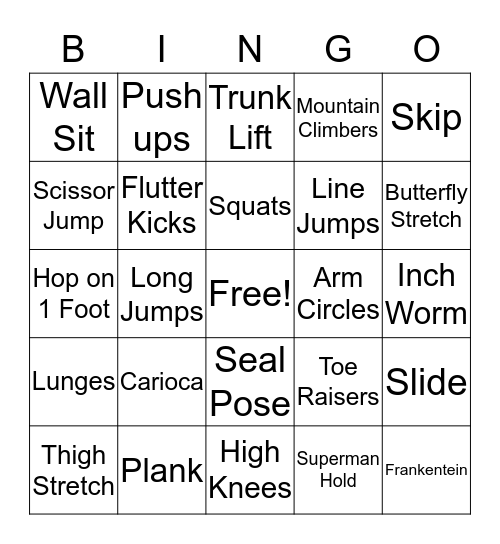 Fitness Bingo Card