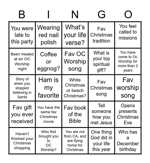 OC Worship Christmas Bingo! Bingo Card