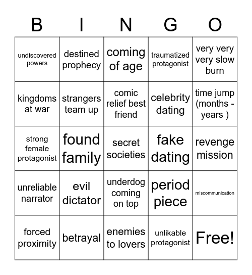 Book Trope Bingo Card