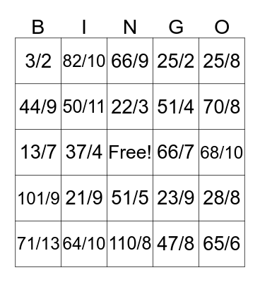 Convert Mixed Fraction BINGO Card