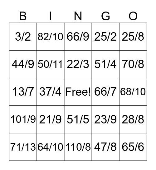 Convert Mixed Fraction BINGO Card