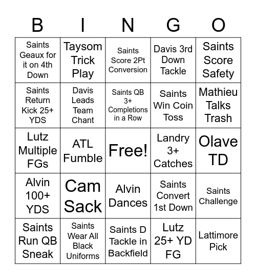 Saints Vs ATL Bingo Card