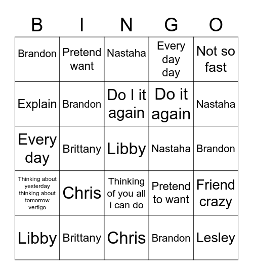 Jump5 Bingo Card