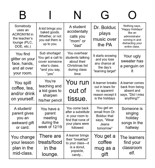 Teaching During the Holidays Bingo Board Bingo Card