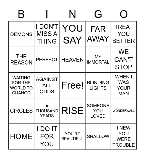 COVER SONGS Bingo Card