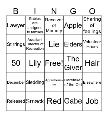 The Giver Bingo Card