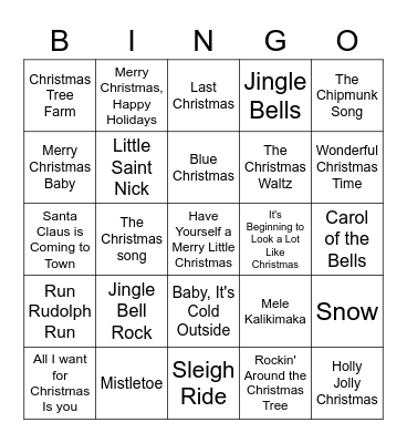 Christmas Song Bingo Card