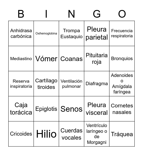 Sistema respiratorio Bingo Card