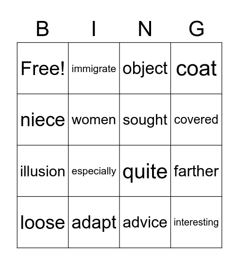 Pronounciation Bingo Card
