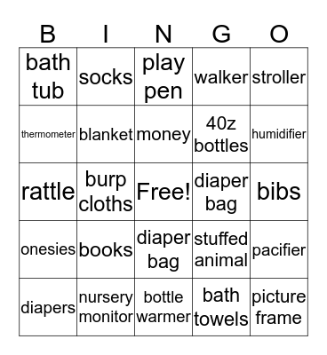 Karrington's Shower Bingo Card