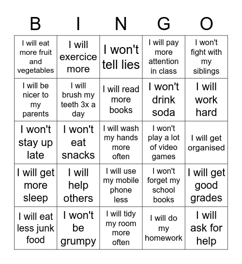 New Year's resolutions 3 Bingo Card