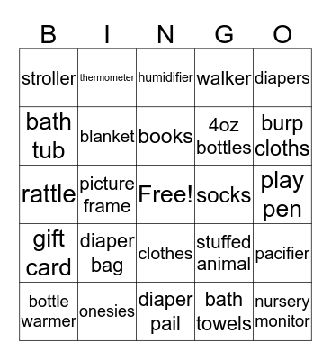Karrington's shower Bingo Card