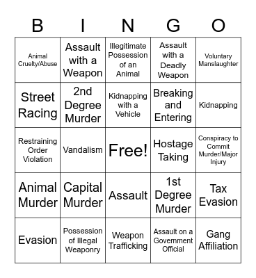 SRP Crime Bingo Card