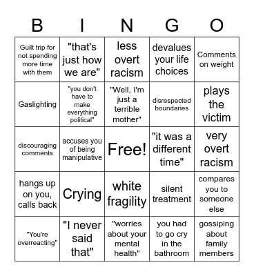 Manipulative Family Bingo Card