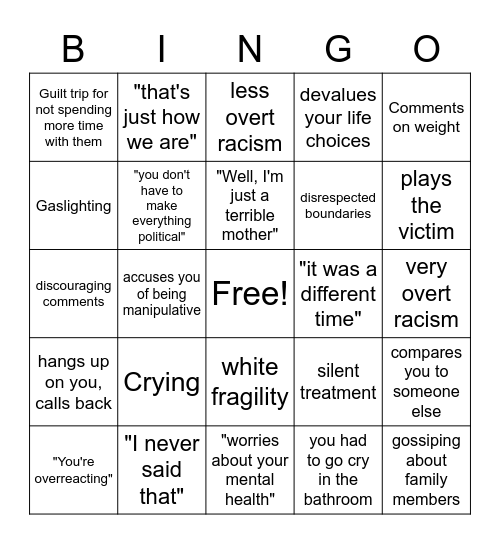 Manipulative Family Bingo Card