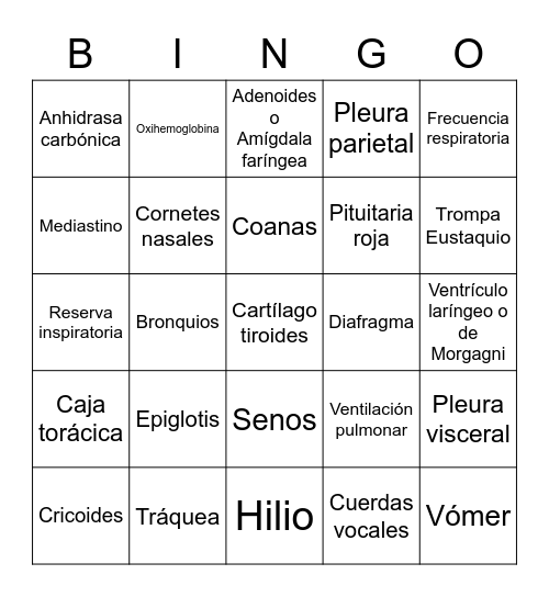 Sistema respiratorio Bingo Card