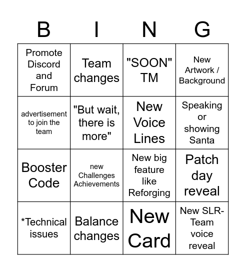 SLR Stream Bingo Card