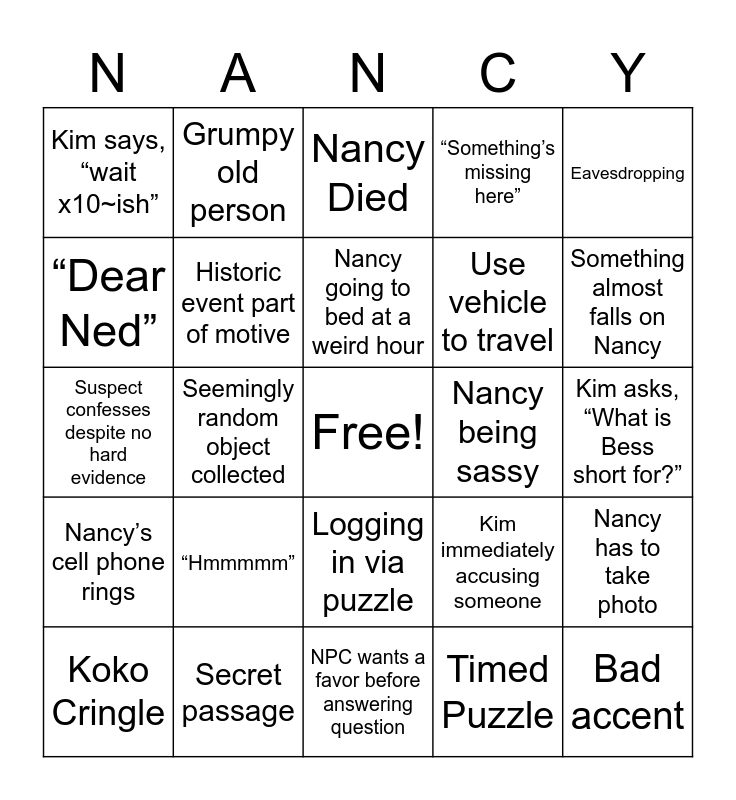 KFx's Nancy Drew Bingo Card