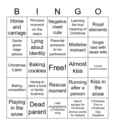 Christmas Rom Com Bingo Card