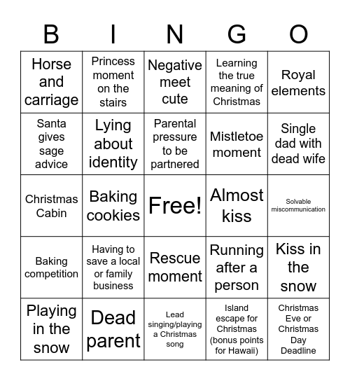 Christmas Rom Com Bingo Card