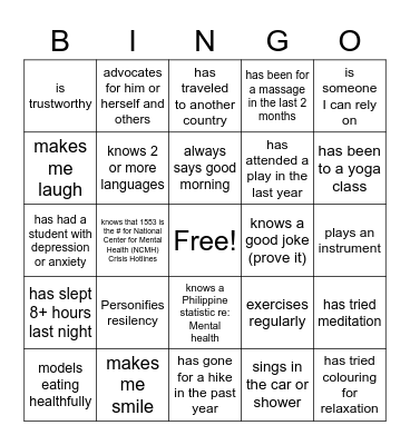 Mental Health Week Bingo:  Find Someone Who..... Bingo Card