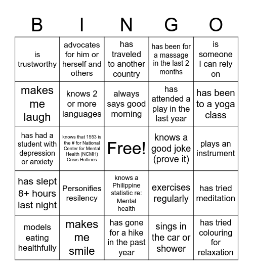 Mental Health Week Bingo:  Find Someone Who..... Bingo Card