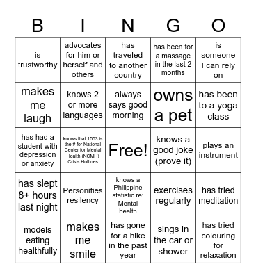 Mental Health Week Bingo:  Find Someone Who..... Bingo Card