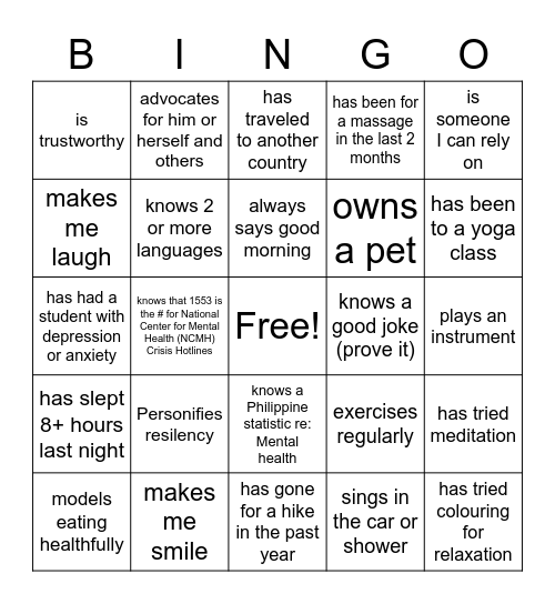 Mental Health Week Bingo:  Find Someone Who..... Bingo Card