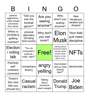 Holidays with the Family Bingo Card