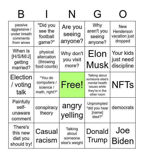 Holidays with the Family Bingo Card