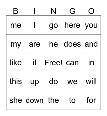 SIGHT WORDS Bingo Card