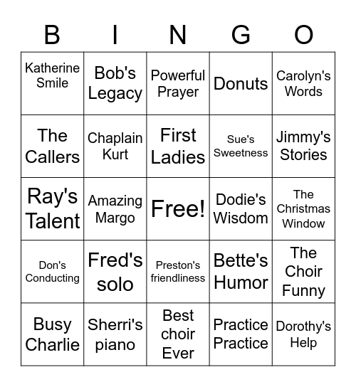 Our Talented Choir Bingo Card