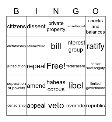 Citizenship Bingo Card