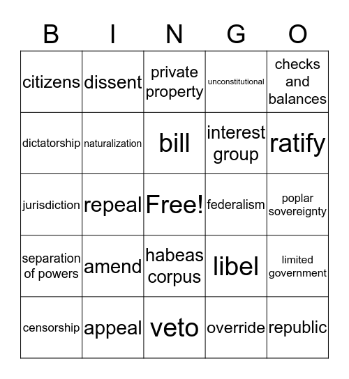 Citizenship Bingo Card